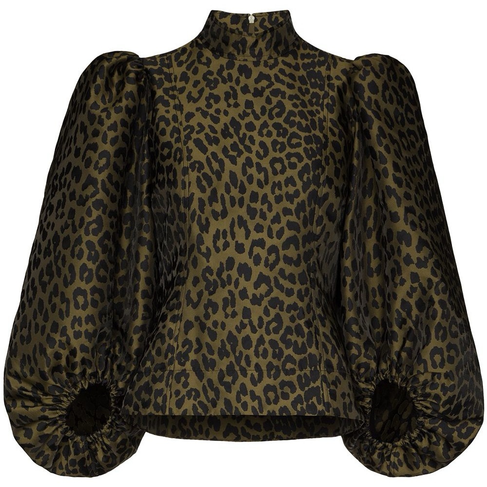 Ganni Leopard Print Puff Sleeve Top